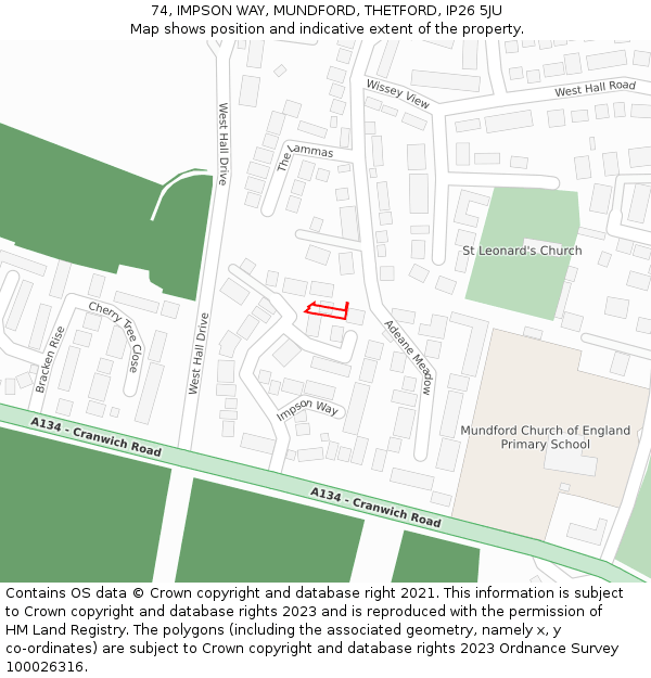 74, IMPSON WAY, MUNDFORD, THETFORD, IP26 5JU: Location map and indicative extent of plot