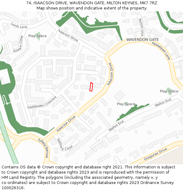 74, ISAACSON DRIVE, WAVENDON GATE, MILTON KEYNES, MK7 7RZ: Location map and indicative extent of plot