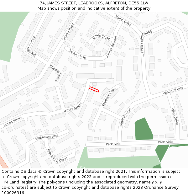 74, JAMES STREET, LEABROOKS, ALFRETON, DE55 1LW: Location map and indicative extent of plot