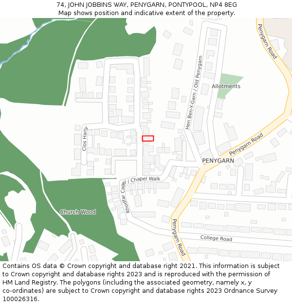 74, JOHN JOBBINS WAY, PENYGARN, PONTYPOOL, NP4 8EG: Location map and indicative extent of plot