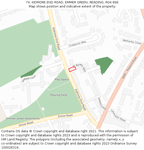 74, KIDMORE END ROAD, EMMER GREEN, READING, RG4 8SE: Location map and indicative extent of plot