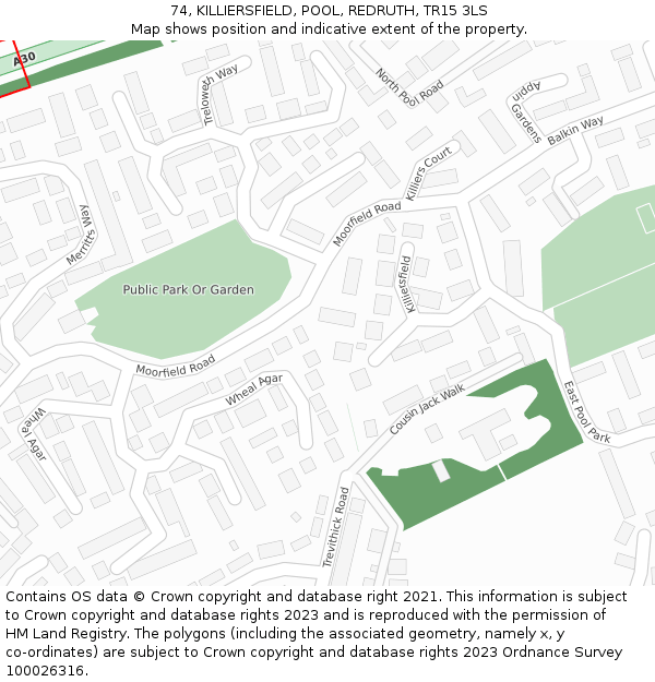 74, KILLIERSFIELD, POOL, REDRUTH, TR15 3LS: Location map and indicative extent of plot