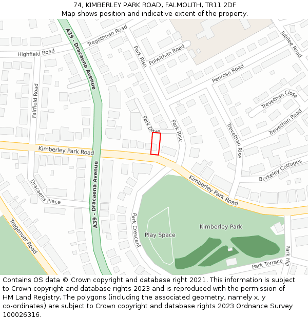 74, KIMBERLEY PARK ROAD, FALMOUTH, TR11 2DF: Location map and indicative extent of plot