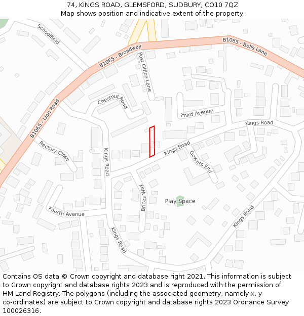 74, KINGS ROAD, GLEMSFORD, SUDBURY, CO10 7QZ: Location map and indicative extent of plot