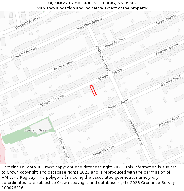 74, KINGSLEY AVENUE, KETTERING, NN16 9EU: Location map and indicative extent of plot