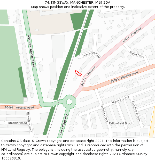 74, KINGSWAY, MANCHESTER, M19 2DA: Location map and indicative extent of plot