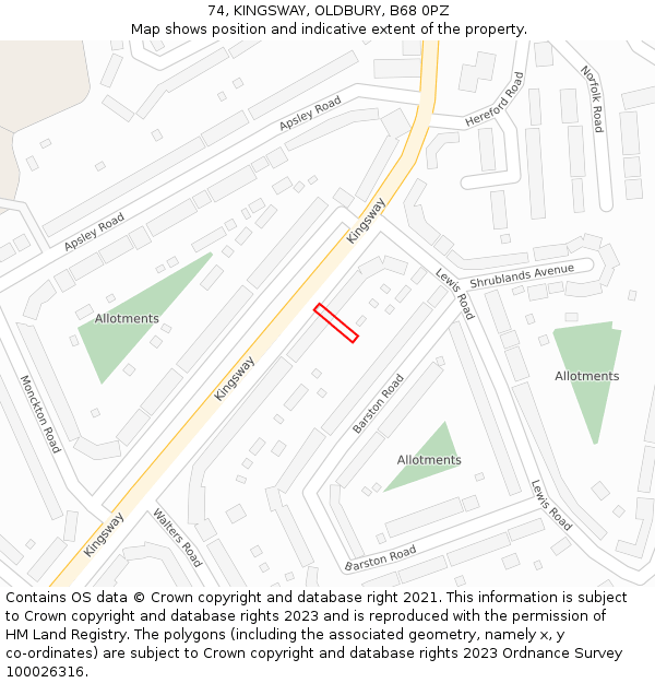 74, KINGSWAY, OLDBURY, B68 0PZ: Location map and indicative extent of plot