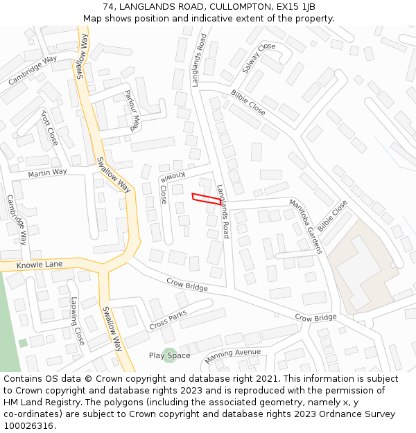 74, LANGLANDS ROAD, CULLOMPTON, EX15 1JB: Location map and indicative extent of plot