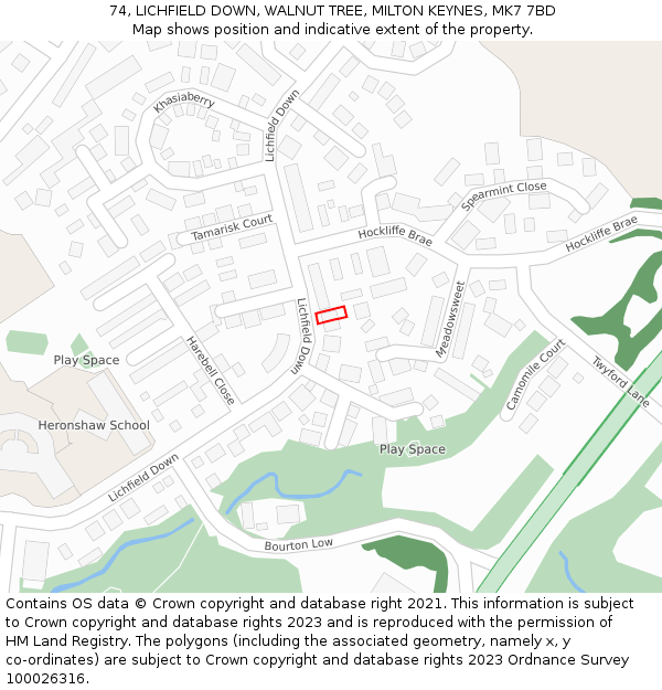 74, LICHFIELD DOWN, WALNUT TREE, MILTON KEYNES, MK7 7BD: Location map and indicative extent of plot