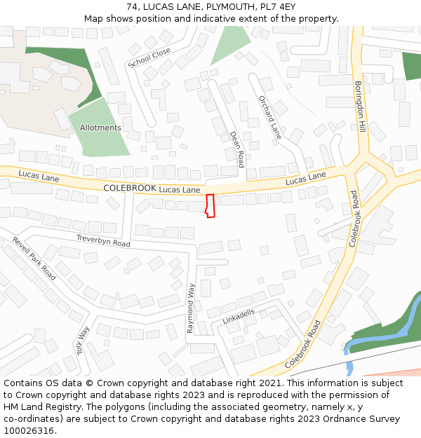 74, LUCAS LANE, PLYMOUTH, PL7 4EY: Location map and indicative extent of plot