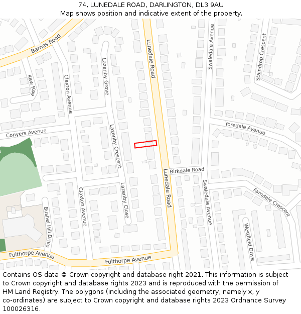 74, LUNEDALE ROAD, DARLINGTON, DL3 9AU: Location map and indicative extent of plot