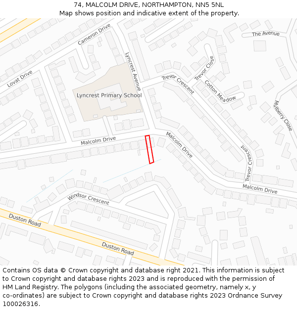 74, MALCOLM DRIVE, NORTHAMPTON, NN5 5NL: Location map and indicative extent of plot