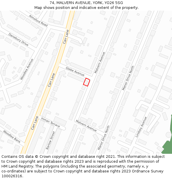 74, MALVERN AVENUE, YORK, YO26 5SG: Location map and indicative extent of plot