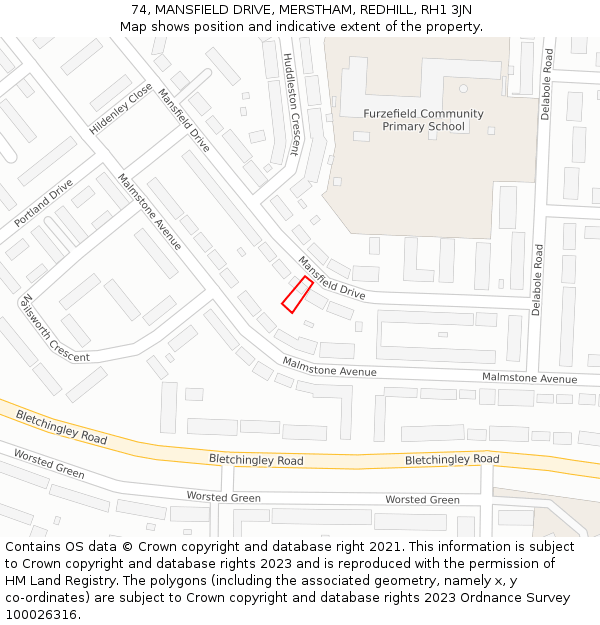 74, MANSFIELD DRIVE, MERSTHAM, REDHILL, RH1 3JN: Location map and indicative extent of plot