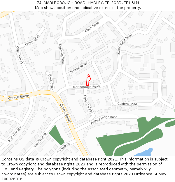 74, MARLBOROUGH ROAD, HADLEY, TELFORD, TF1 5LN: Location map and indicative extent of plot