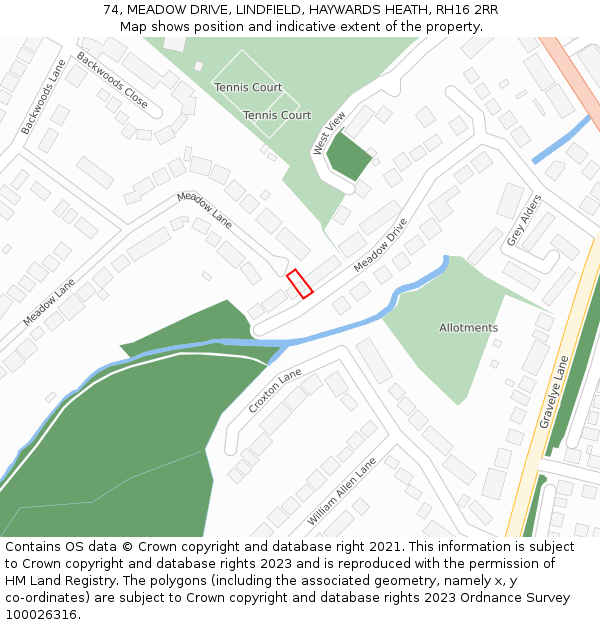 74, MEADOW DRIVE, LINDFIELD, HAYWARDS HEATH, RH16 2RR: Location map and indicative extent of plot