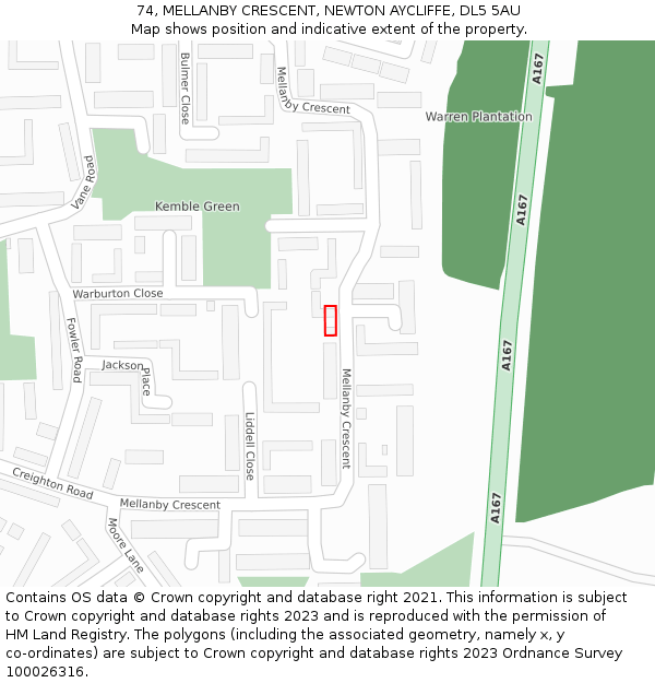 74, MELLANBY CRESCENT, NEWTON AYCLIFFE, DL5 5AU: Location map and indicative extent of plot