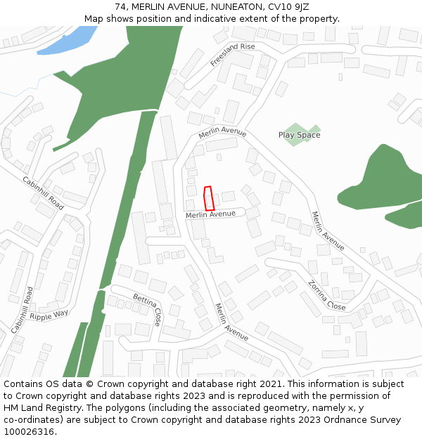 74, MERLIN AVENUE, NUNEATON, CV10 9JZ: Location map and indicative extent of plot