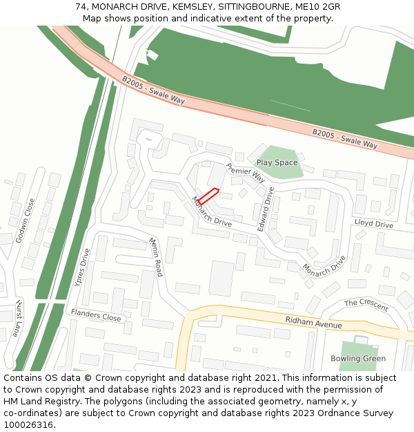 74, MONARCH DRIVE, KEMSLEY, SITTINGBOURNE, ME10 2GR: Location map and indicative extent of plot