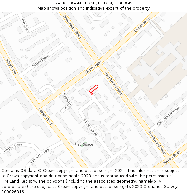 74, MORGAN CLOSE, LUTON, LU4 9GN: Location map and indicative extent of plot