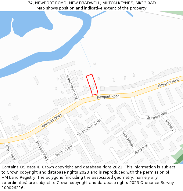 74, NEWPORT ROAD, NEW BRADWELL, MILTON KEYNES, MK13 0AD: Location map and indicative extent of plot