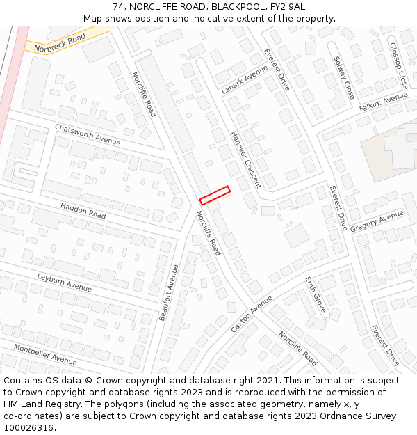 74, NORCLIFFE ROAD, BLACKPOOL, FY2 9AL: Location map and indicative extent of plot