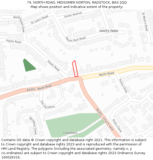 74, NORTH ROAD, MIDSOMER NORTON, RADSTOCK, BA3 2QQ: Location map and indicative extent of plot