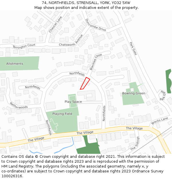 74, NORTHFIELDS, STRENSALL, YORK, YO32 5XW: Location map and indicative extent of plot