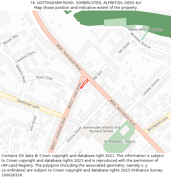 74, NOTTINGHAM ROAD, SOMERCOTES, ALFRETON, DE55 4LY: Location map and indicative extent of plot