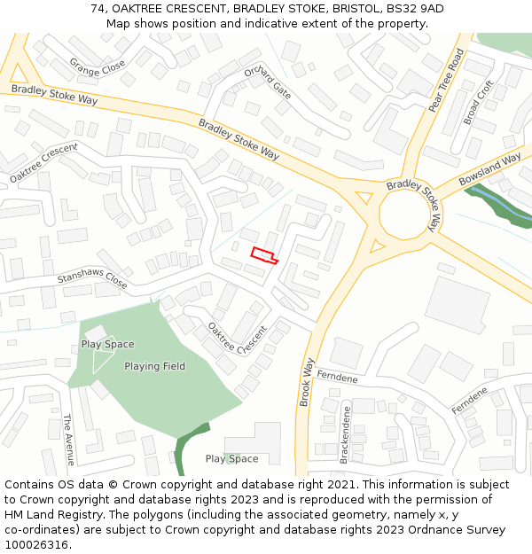 74, OAKTREE CRESCENT, BRADLEY STOKE, BRISTOL, BS32 9AD: Location map and indicative extent of plot