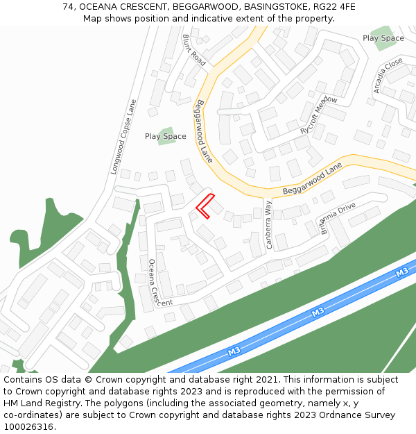 74, OCEANA CRESCENT, BEGGARWOOD, BASINGSTOKE, RG22 4FE: Location map and indicative extent of plot