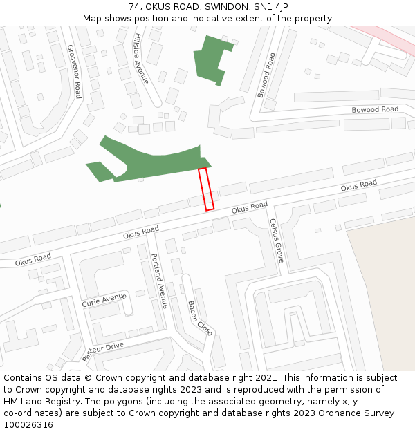 74, OKUS ROAD, SWINDON, SN1 4JP: Location map and indicative extent of plot