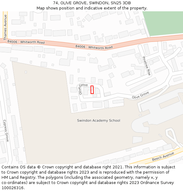 74, OLIVE GROVE, SWINDON, SN25 3DB: Location map and indicative extent of plot