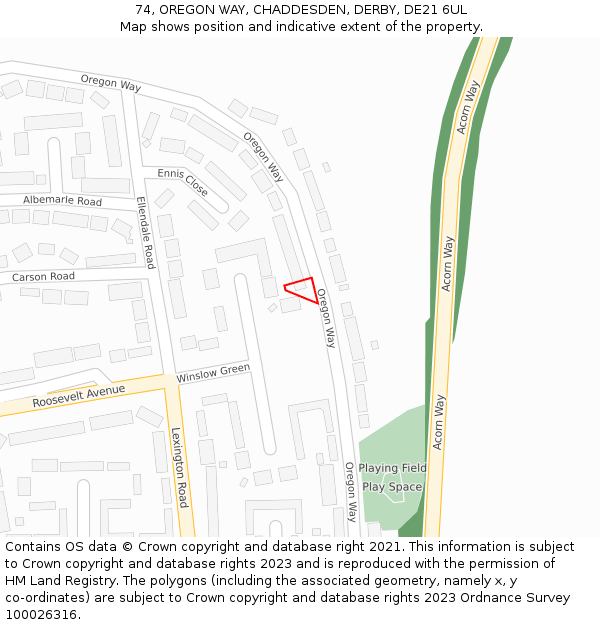 74, OREGON WAY, CHADDESDEN, DERBY, DE21 6UL: Location map and indicative extent of plot