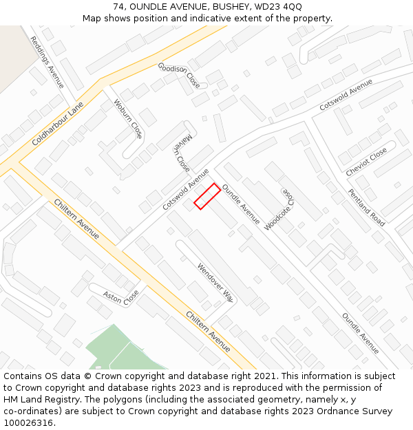 74, OUNDLE AVENUE, BUSHEY, WD23 4QQ: Location map and indicative extent of plot