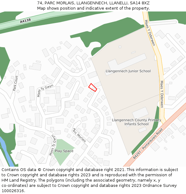 74, PARC MORLAIS, LLANGENNECH, LLANELLI, SA14 8XZ: Location map and indicative extent of plot