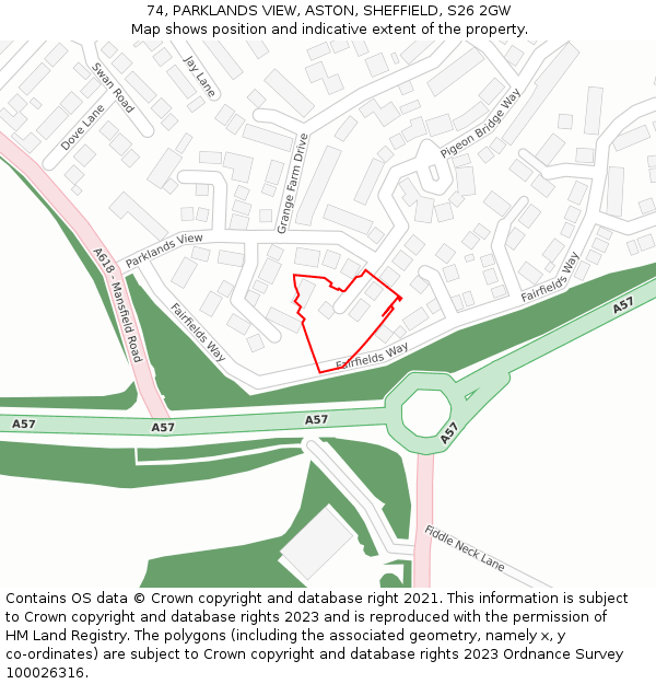 74, PARKLANDS VIEW, ASTON, SHEFFIELD, S26 2GW: Location map and indicative extent of plot