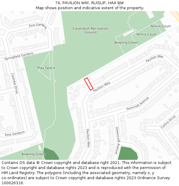 74, PAVILION WAY, RUISLIP, HA4 9JW: Location map and indicative extent of plot