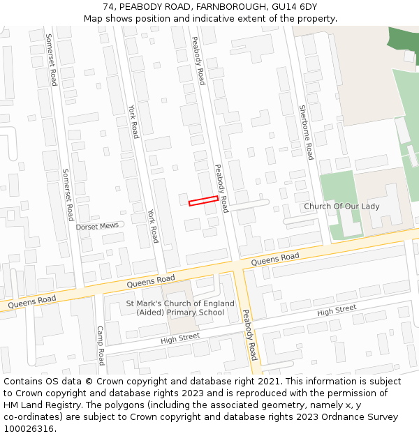 74, PEABODY ROAD, FARNBOROUGH, GU14 6DY: Location map and indicative extent of plot