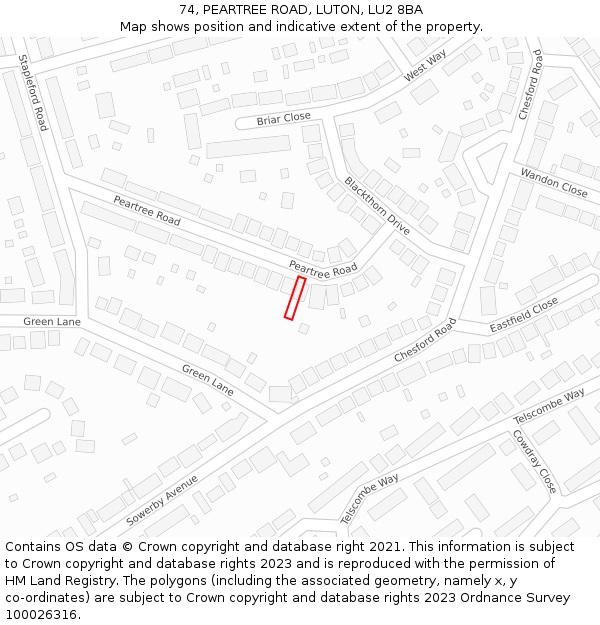 74, PEARTREE ROAD, LUTON, LU2 8BA: Location map and indicative extent of plot