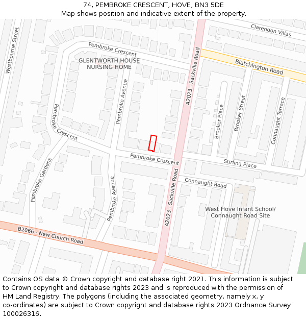 74, PEMBROKE CRESCENT, HOVE, BN3 5DE: Location map and indicative extent of plot