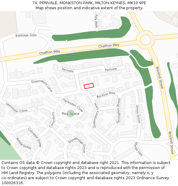 74, PERIVALE, MONKSTON PARK, MILTON KEYNES, MK10 9PE: Location map and indicative extent of plot