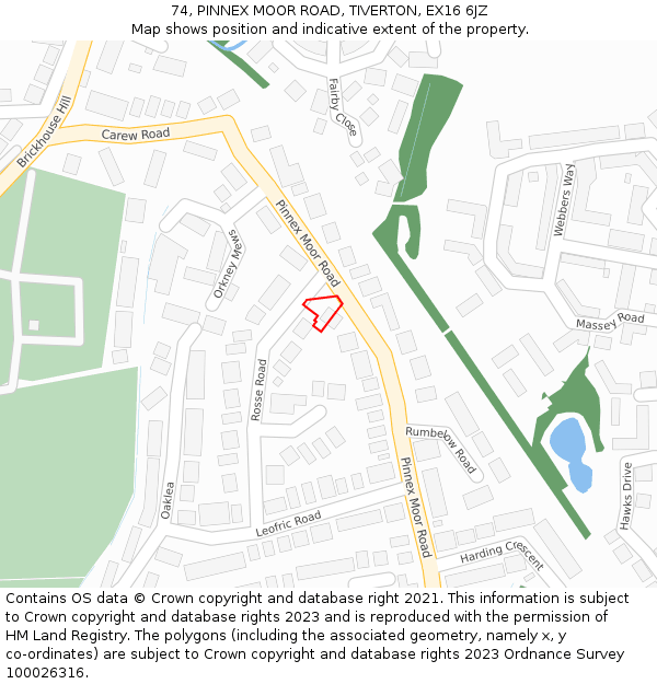 74, PINNEX MOOR ROAD, TIVERTON, EX16 6JZ: Location map and indicative extent of plot