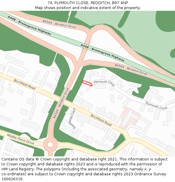 74, PLYMOUTH CLOSE, REDDITCH, B97 4NP: Location map and indicative extent of plot