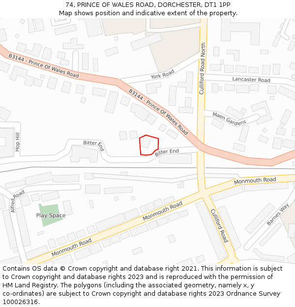74, PRINCE OF WALES ROAD, DORCHESTER, DT1 1PP: Location map and indicative extent of plot