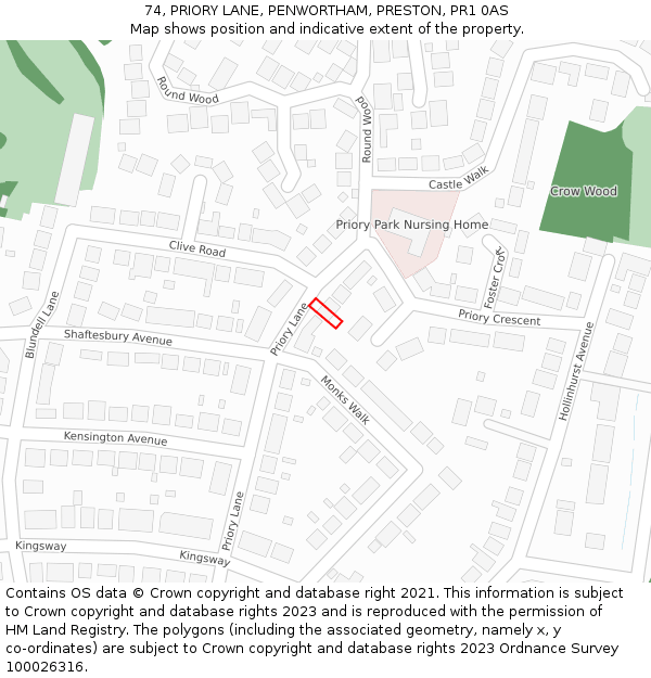 74, PRIORY LANE, PENWORTHAM, PRESTON, PR1 0AS: Location map and indicative extent of plot