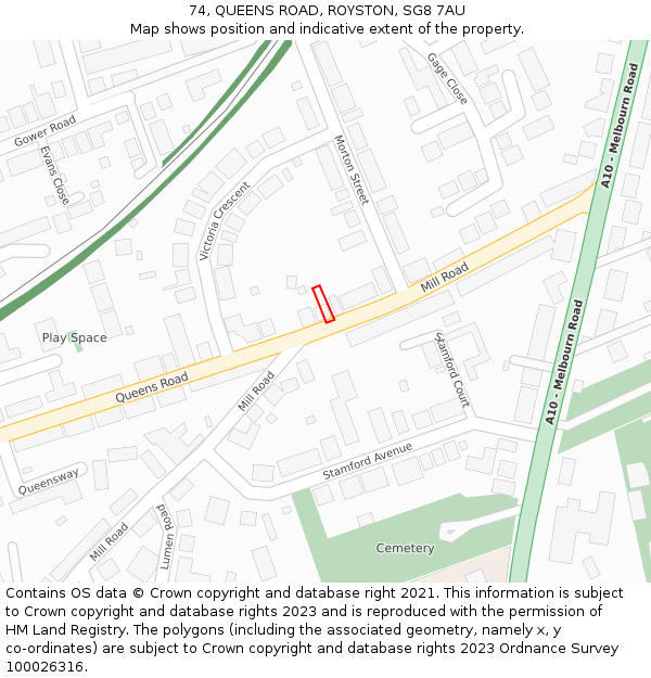 74, QUEENS ROAD, ROYSTON, SG8 7AU: Location map and indicative extent of plot