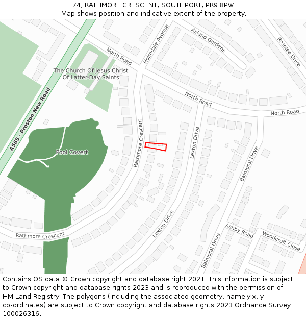 74, RATHMORE CRESCENT, SOUTHPORT, PR9 8PW: Location map and indicative extent of plot
