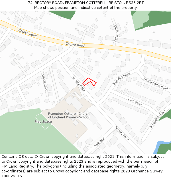 74, RECTORY ROAD, FRAMPTON COTTERELL, BRISTOL, BS36 2BT: Location map and indicative extent of plot