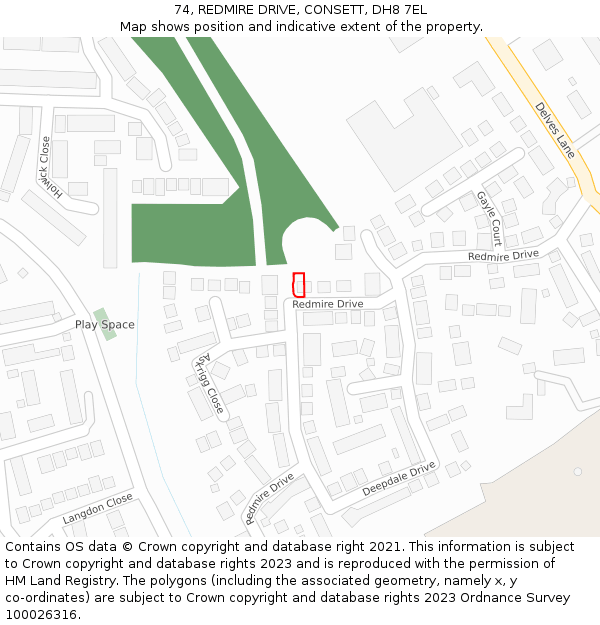 74, REDMIRE DRIVE, CONSETT, DH8 7EL: Location map and indicative extent of plot